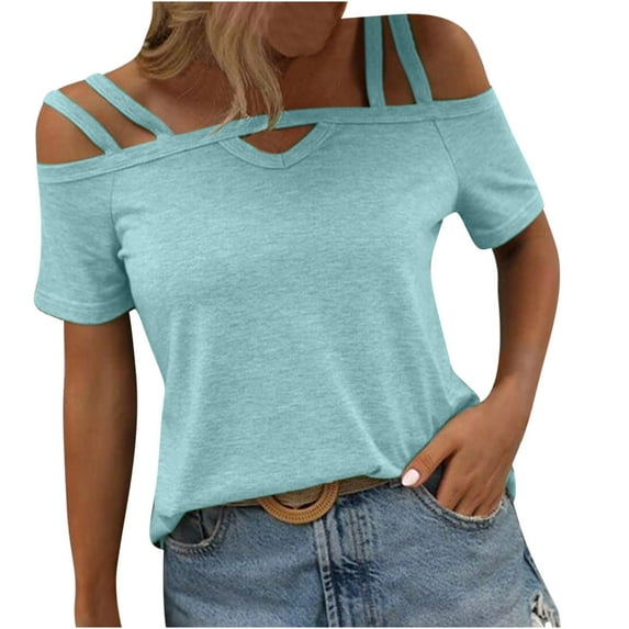 Viikei Womens Tops Short Sleeve Plus Size Trendy Cold Shoulder Boat Neck Collar Suspender Blouse for Women Comfy Loose Lightweight Casual Solid Color Shirt for Spring Summer Women's Tops