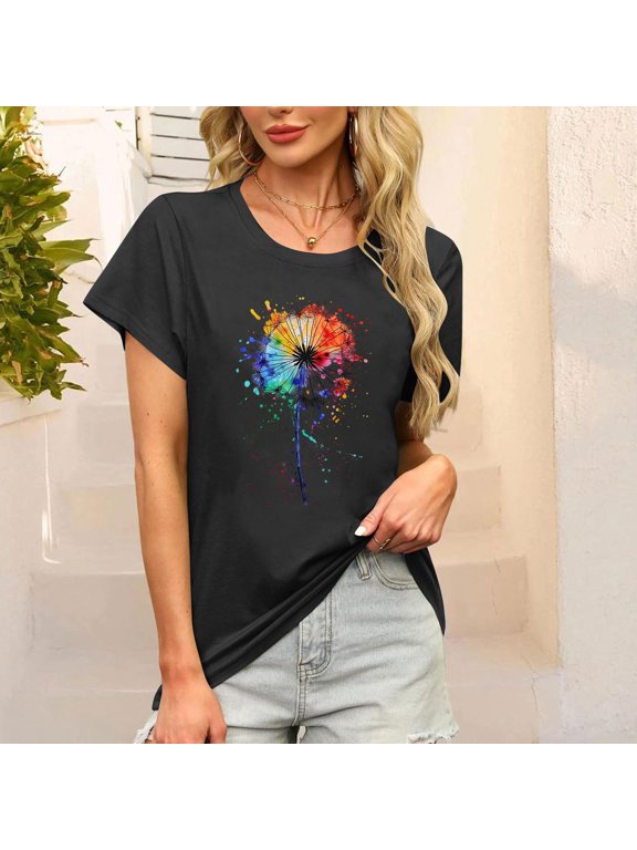 Womens Tops Short Sleeve,Womens Tops Blouses Summer Tunic Tops Short Sleeve Solid Color Loose Round Neck Tees Shirts Black XXL