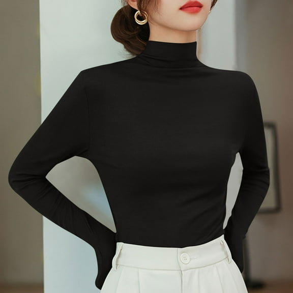 Summer Tops Viikei Womens Tops Trendy,Fall Tops for Women,Women's New Solid Color Long Sleeve Pullover Half High Neck Casual Base Shirt Black M
