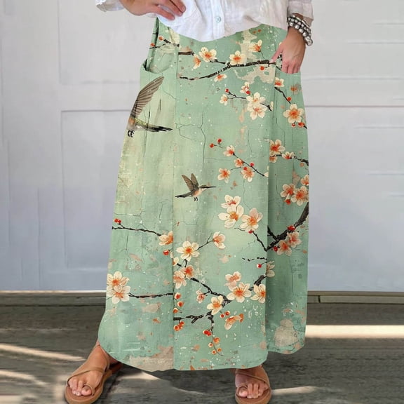 Viikei Womens Tulle Skirt Elastic High Waist,Women's Printed Elastic Waistband Pleated Pocket Skirt With Mid Calf Skirt Green S