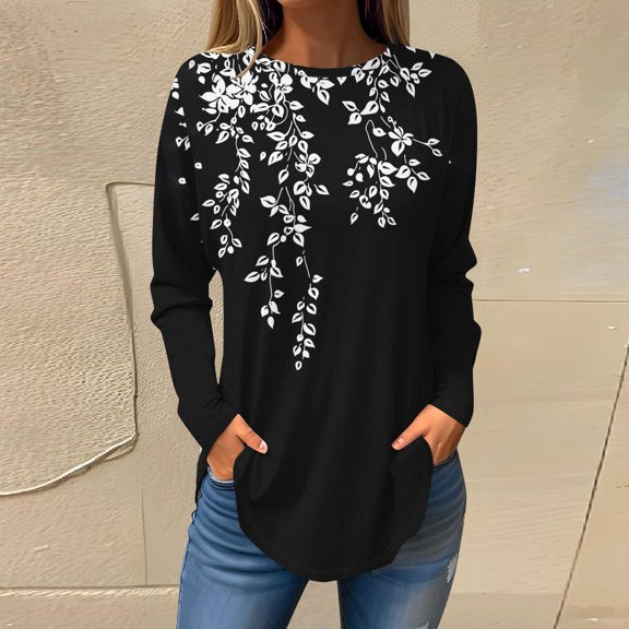 Viikei Womens Value Set Long Sleeve Round Neck Tops,Women's Long-sleeved Crew-neck Drop Shoulder Casual Printed Black M