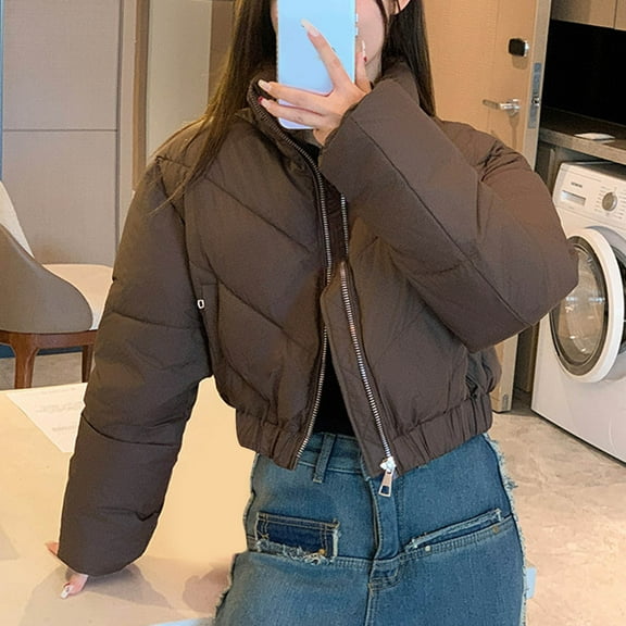Viikei Womens Winter Coats,Ladies New Cotton Coat Short Style Stand Collar Down Cotton Coat Women Thick Cotton Coat Long Sleeve Cotton Coat Brown L