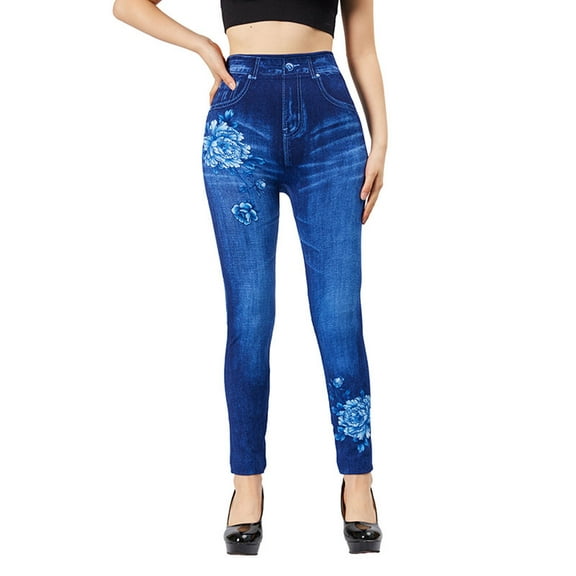 Viikei Womens Yoga Pants Plus Size,Women's Fashion Elastic Imitation Denim Flower Print Leggings with Yoga Sport Elastic Pants Blue