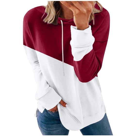 Viikei Zip Up Hoodies for Women Sweatshirt for Women Women's Color Panel Large Split Loose Long Sleeve Hoodie
