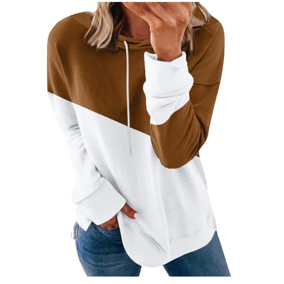 Viikei Zip Up Hoodies for Women Sweatshirt for Women Women's Color Panel Large Split Loose Long Sleeve Hoodie
