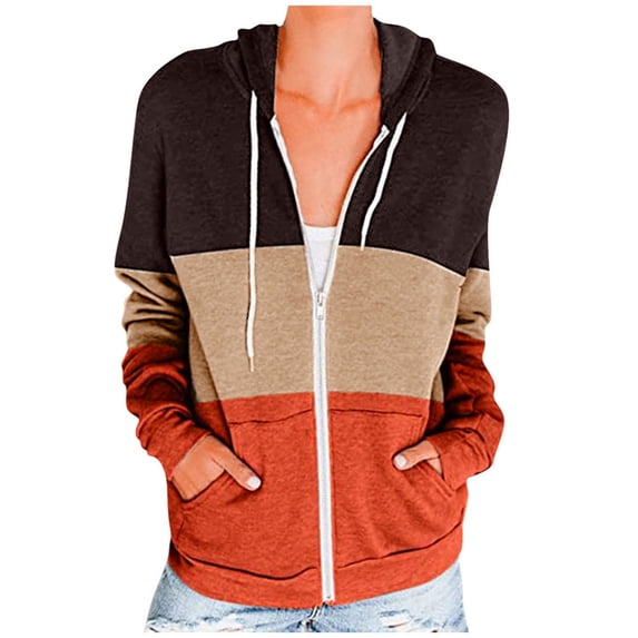 Viikei Zip Up Hoodies for Women Sweatshirt for Women Women's Three Color Patchwork Oversized Loose Long Sleeved Zipper Threaded Sleeve Hoodie