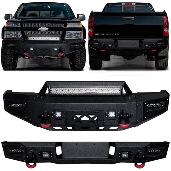 Vijay Compatible with 2004-2005-2006-2007-2008-2009-2010-2011-2012 Chevrolet Colorado Front and Rear Bumper Textured Black Steel with Lights and D-rings (Excl. ZR2)