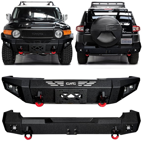 Vijay Compatible with 2007-2008-2009-2010-2011-2012-2013-2014 Toyota FJ Cruiser Front and Rear Bumper Textured Black Steel with 4xD-rings and Aluminum LED Lights