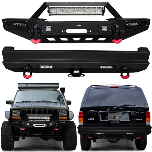 Vijay Compatible with 1984-2001 Jeep Cherokee XJ Front and Rear Bumper Textured Black Steel with Light and D-ring