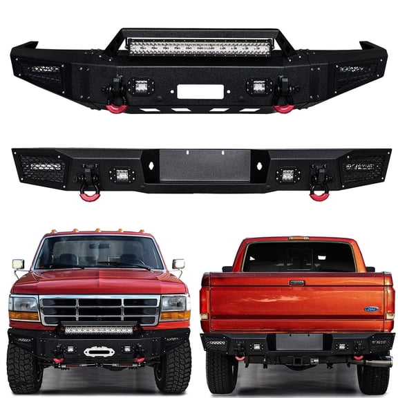Vijay Compatible with 1992-1993-1994-1995-1996 Ford F150 F250 F350 Front and Rear Bumper with LED Lights and D-Rings