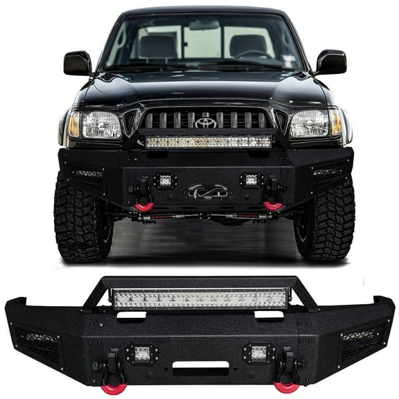 Vijay Compatible with 1995-1996-1997-1998-1999-2000-2001-2002-2003-2004 Toyota Tacoma Front Bumper Textured Black Steel with Lights and D-rings