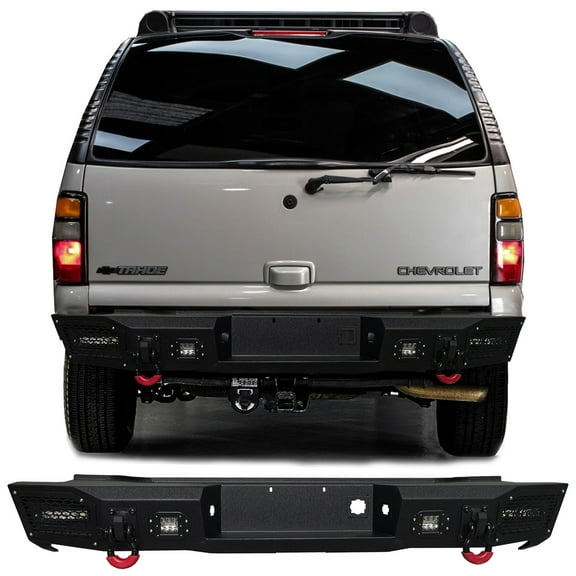 Vijay Compatible with 2000-2001-2002-2003-2004-2005-2006 Chevrolet Tahoe Rear Bumper Textured Black Steel with Lights and D-rings