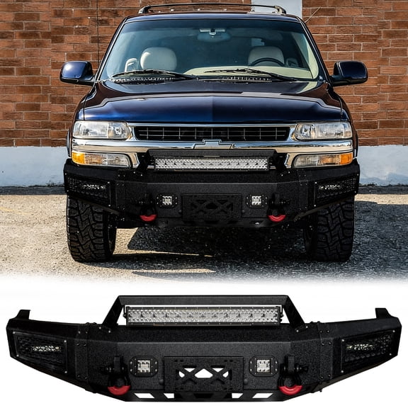 Vijay Compatible with 2000-2006 Chevrolet Tahoe/Suburban 1500 2500 Front Bumper Textured Black Steel with Lights and D-rings