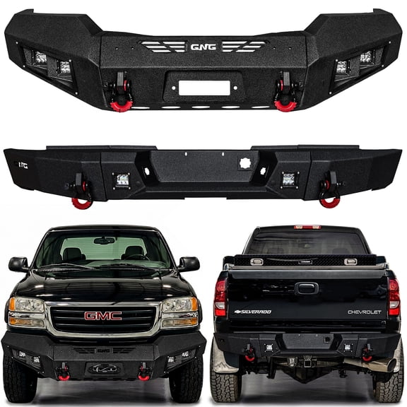 Vijay Compatible with 2003-2004-2005-2006 GMC Sierra 1500/2500HD/3500 Front and Rear Bumper Textured Steel with 6xLight and 4xD-ring