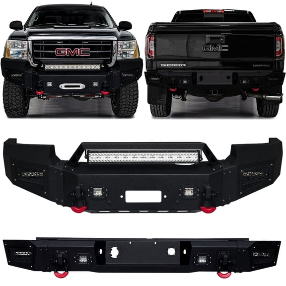 Vijay Compatible with 2007-2008-2009-2010-2011-2012-2013 GMC Sierra 1500 Front and Rear Bumper Textured Steel with 9xLights and 4xD-rings