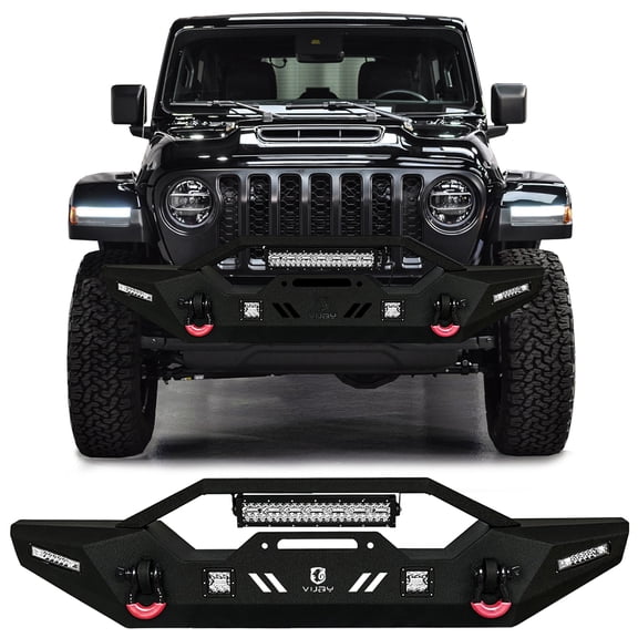 Vijay Compatible with 2007-2026 Jeep Wrangler JK/JL Front Bumper Textured Black Steel with Winch Plate and LED Lights and 3/4" D-Rings
