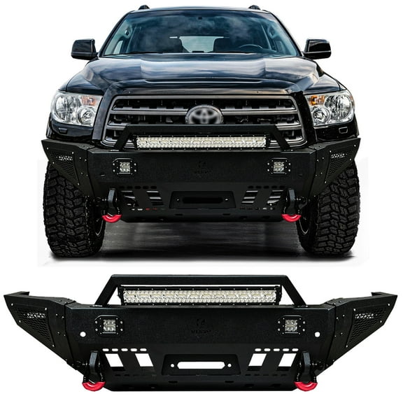 Vijay Compatible with 2008-2009-2010 Toyota Sequoia Front Bumper Textured Black Steel with D-rings and Lights