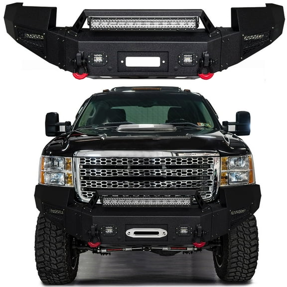 Vijay Compatible with 2011-2012-2013-2014 GMC Sierra 2500hd/3500hd Front Bumper Textured Black Steel with Lights and D-rings