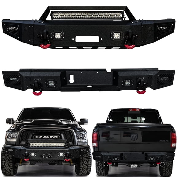 Vijay Compatible with 2015-2016-2017-2018 Dodge Ram 1500 Rebel Front and Rear Bumper Textured Black Steel with LED Light and D-rings
