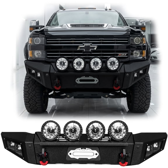 Vijay Compatible with 2015-2016-2018-2017-2019 Chevy Silverado 2500/3500 Front Bumper Textured Black Steel with 8xLED Light and D-ring