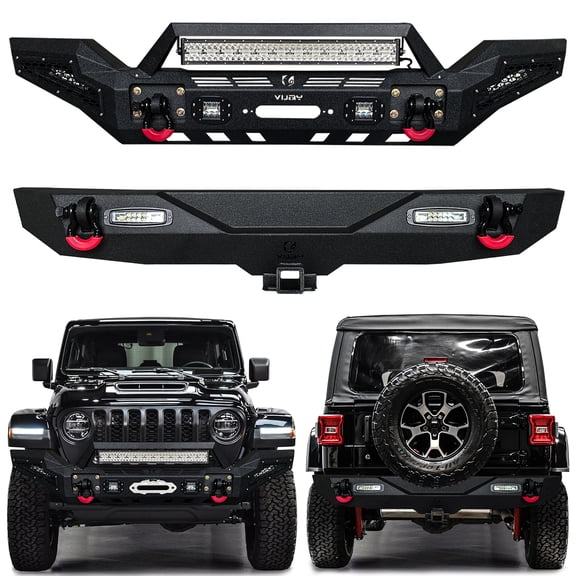 Vijay Compatible with 2018-2019-2020-2021-2022-2023-2024-2025-2026 Jeep Wrangler JL Front and Rear Bumper with LED Lights and D-Rings