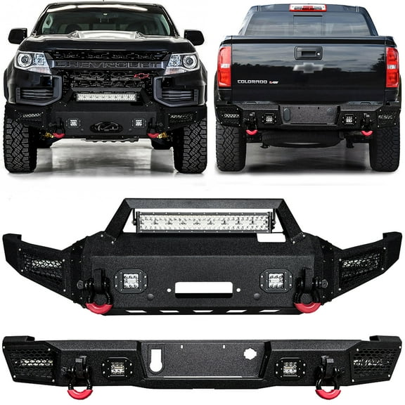 Vijay Compatible with 2021-2022 Chevrolet Colorado ZR2 Front and Rear Bumper Textured Black Steel with Lights and D-rings