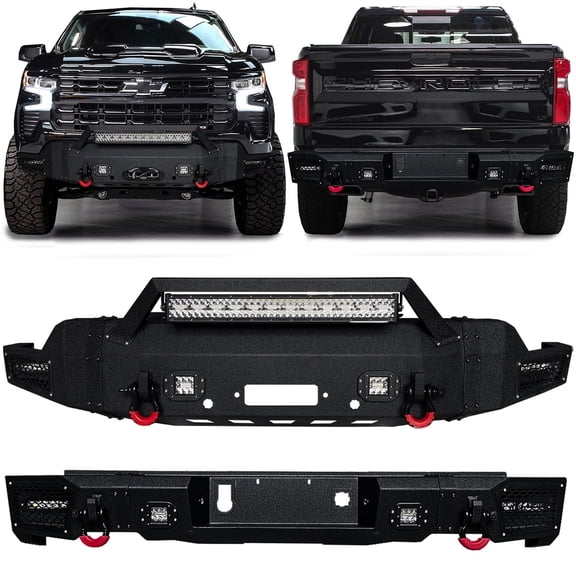 Vijay Compatible with 2022-2023-2024-2025-2026 Chevrolet Silverado 1500 Front and Rear Bumper Textured Black Steel with LED Lights and D-rings