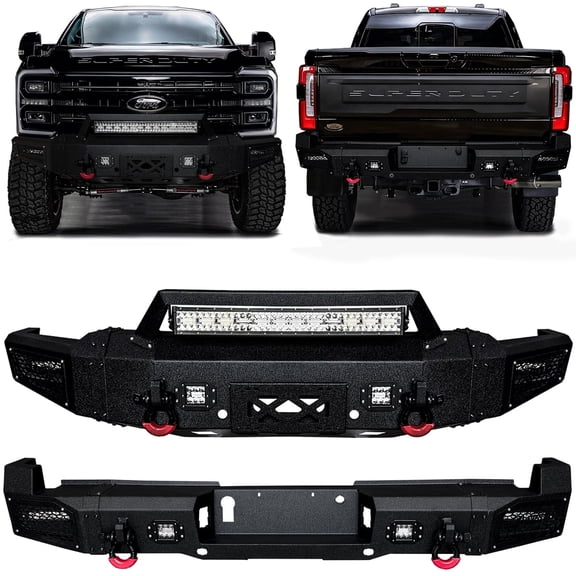 Vijay Compatible with 2023-2024-2025 Ford F250/F350/F450 Front and Rear Bumper Textured Black Steel with Light and D-ring