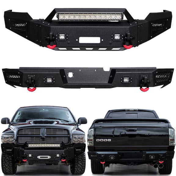 Vijay Compatible with 2003-2004-2005 Dodge Ram 2500/3500 Front and Rear Bumper Textured Black Steel with Lights and D-rings