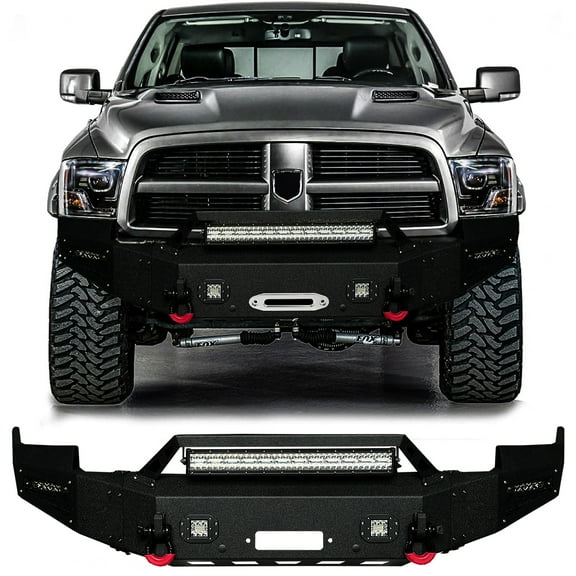 Vijay For 2009-2010-2011-2012 Dodge Ram 1500 Textured Black Alloy Steel Front Bumper with LED Lights and D-Rings