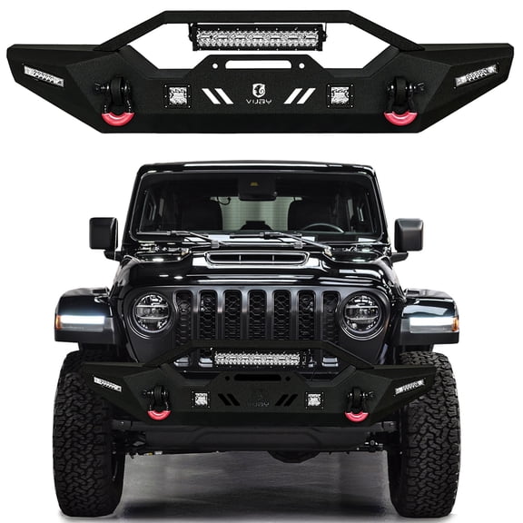 Vijay Front Bumper Compatible with 2020-2026 Jeep Gladiator JT Steel with Winch Plate and LED Lights and D-Rings Textured Black Steel