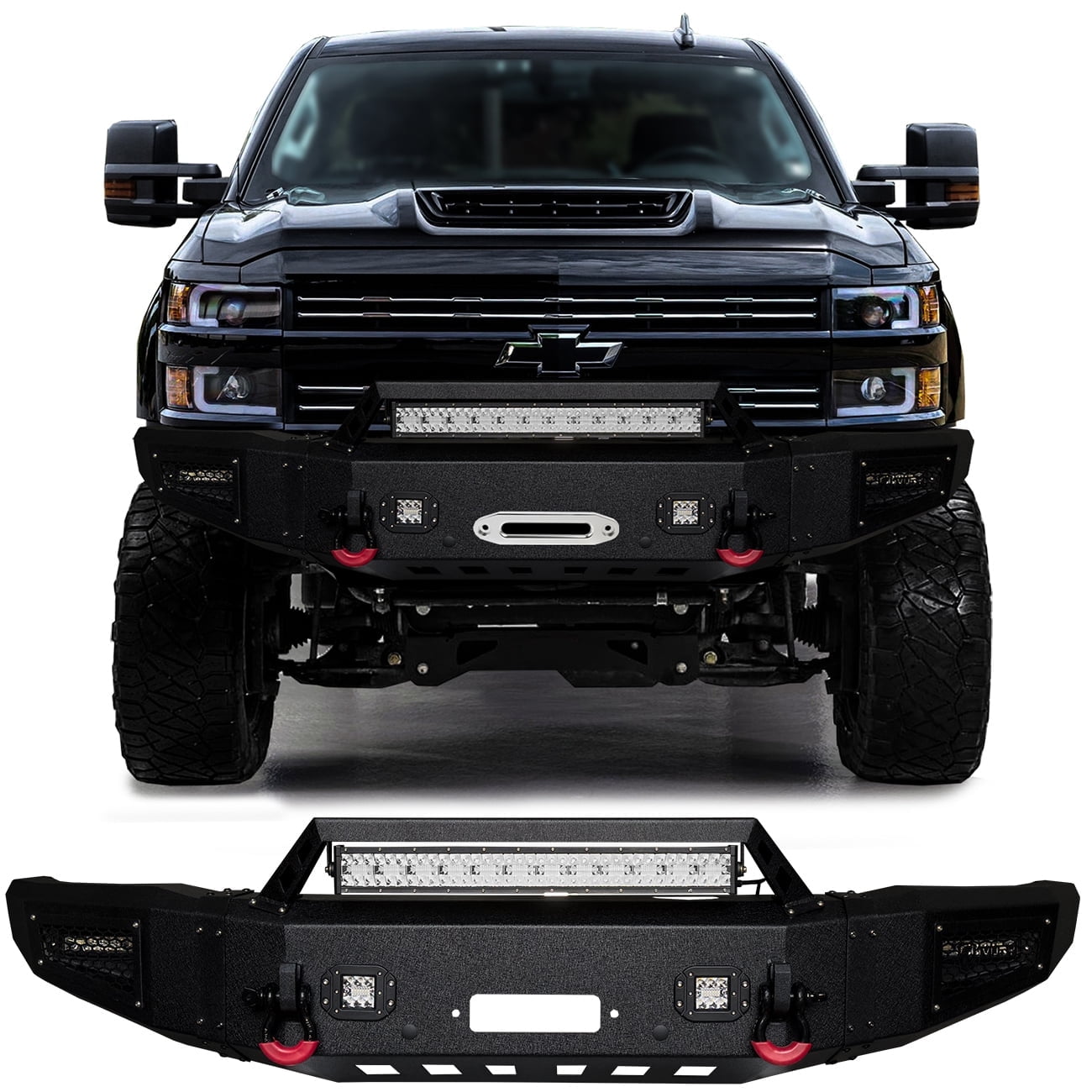 Vijay Compatible with 2015-2016-2018-2017-2019 Chevy Silverado 2500/3500 Front Bumper Textured Black Steel with Light and D-ring