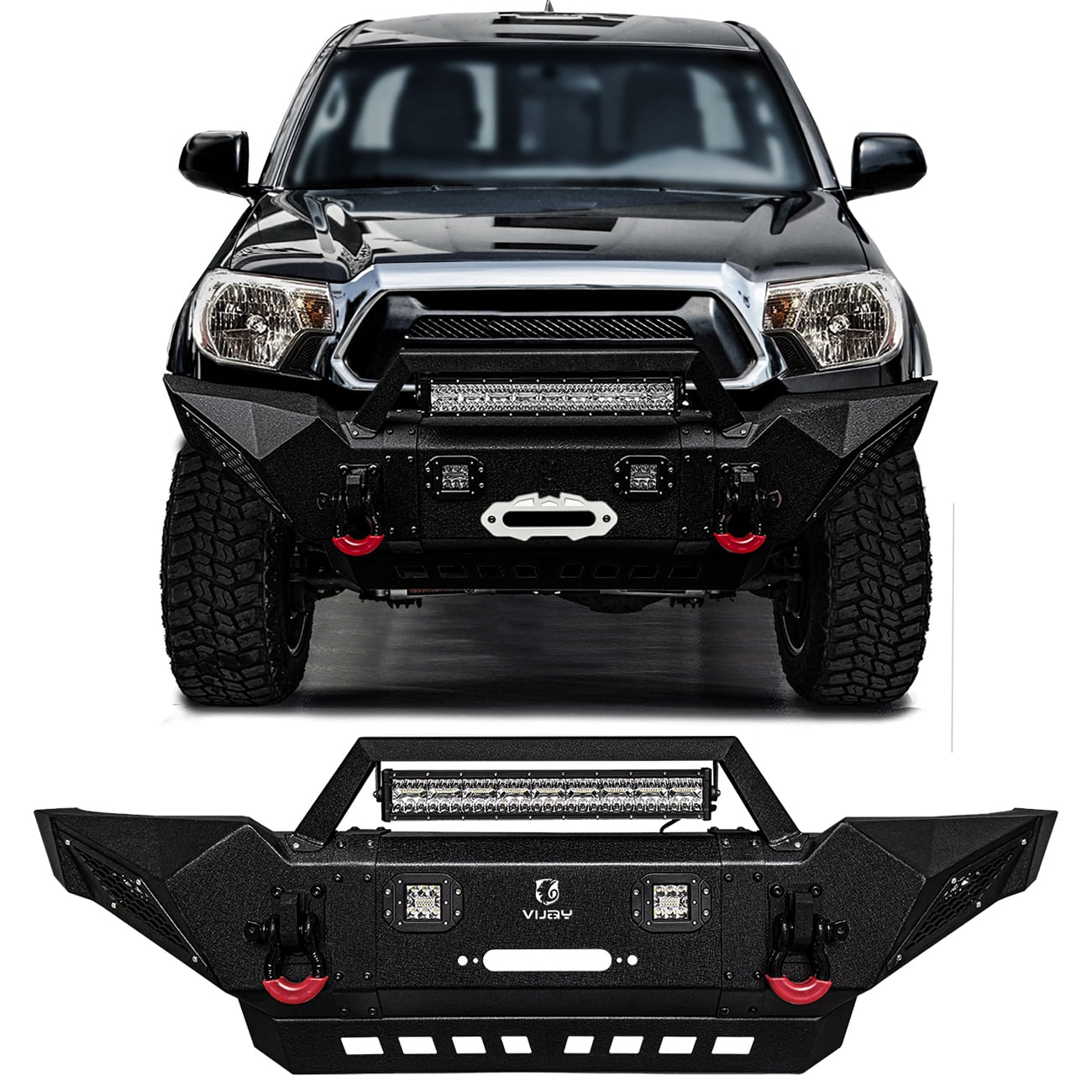 Vijay Compatible with 2005-2006-2007-2008-2009-2010-2011-2012-2013-2014-2015 Toyota Tacoma Front Bumper Textured Black Steel with Light and D-rings