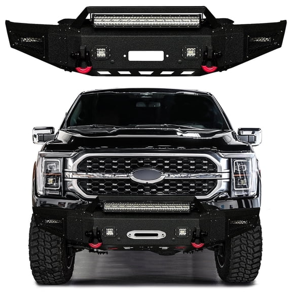 Vijay Compatible with 2021-2022-2023 Ford F150 Front Bumper Textured Black Steel with Lights and D-rings
