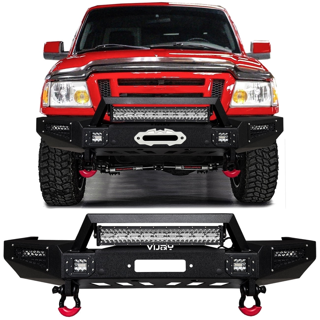 Vijay Compatible with 1998-1999-2000-2001-2002-2003-2004-2005-2006-2007-2008-2009-2010-2011 Ford Ranger Front Bumper Textured Black Steel with Light and D-ring