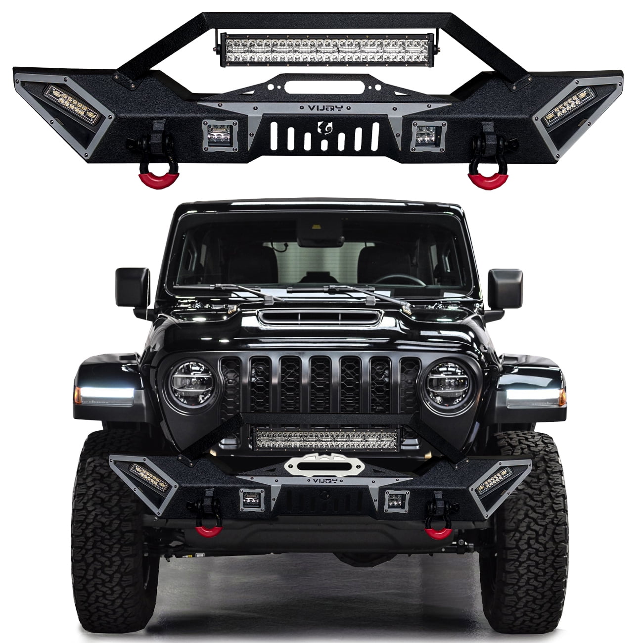 Vijay Front Bumper for 2007-2024 Jeep Wrangler JK/JL with Winch Plate and Lights and D-Rings