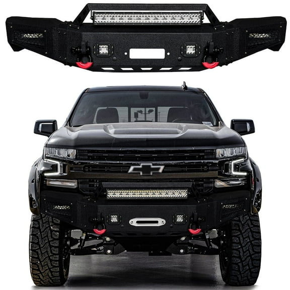Vijay Compatible with 2019-2020-2021 Chevy Silverado 1500 Front Bumper Textured Black Steel with Lights and D-rings