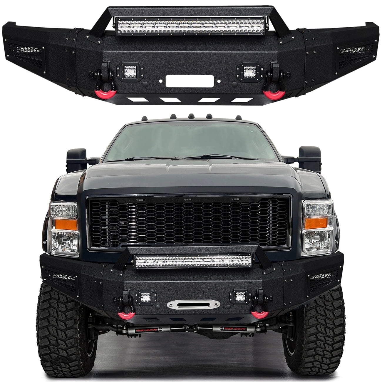 Vijay Compatible with 2008-2009-2010 Ford F250/F350 Front Bumper Textured Black Steel with Light and D-ring