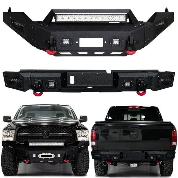 Vijay Compatible with 2013-2014-2015-2016-2017-2018 Dodge RAM 1500 Front and Rear Bumper Textured Black Steel with Lights and D-rings
