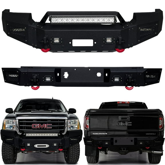 Vijay Compatible with 2007-2008-2009-2010-2011-2012-2013 GMC Sierra 1500 Front and Rear Bumper Textured Steel with Lights and D-rings