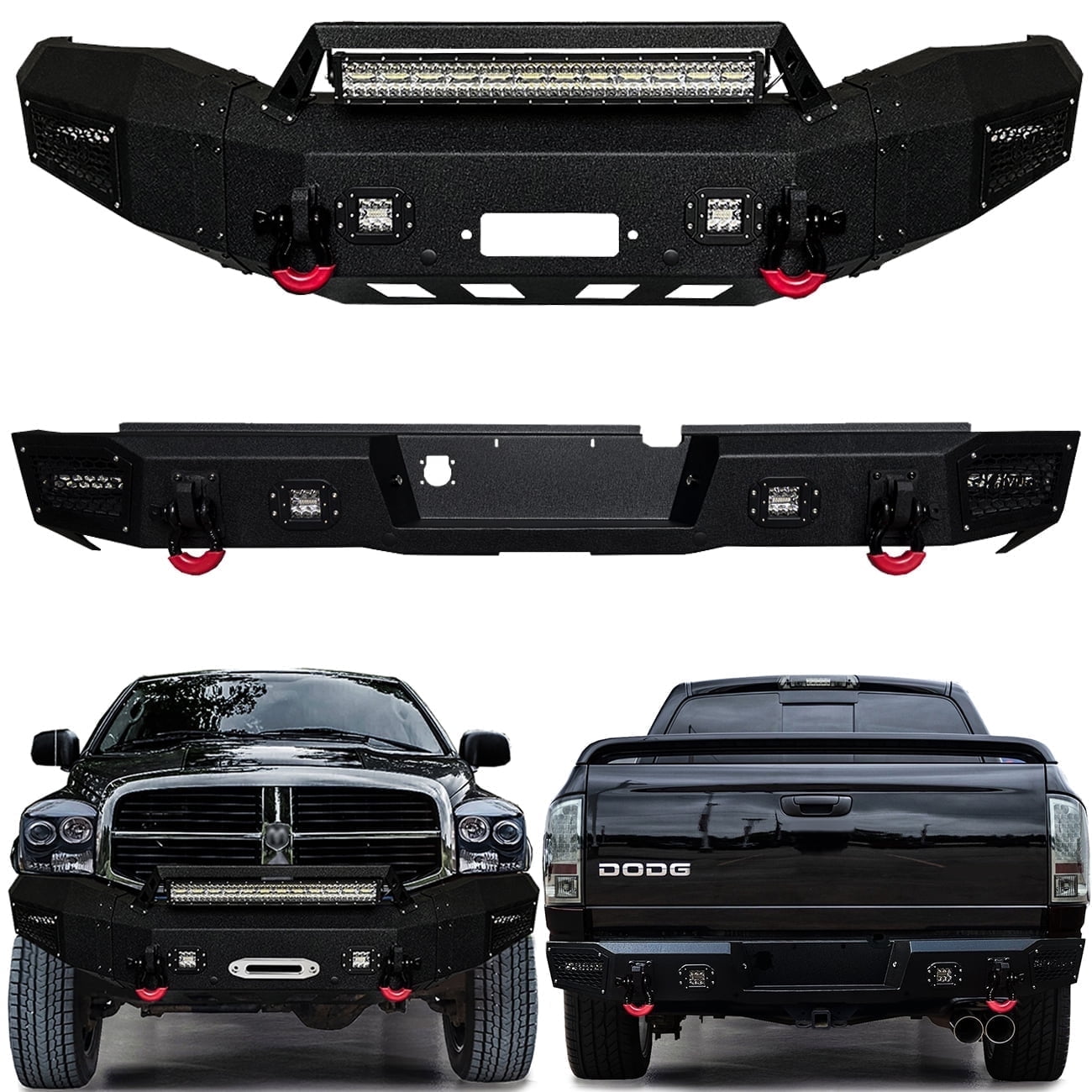 Vijay Compatible with 2006-2007-2008-2009 Dodge RAM 2500/3500 Front and Rear Bumper Textured Black Steel with Light and D-ring