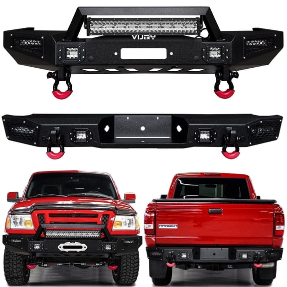 Vijay Compatible with 1998-1999-2000-2001-2002-2003-2004-2005-2006-2007-2008-2009-2010-2011 Ford Ranger Front and Rear Bumper Textured Black Steel with Lights and D-rings