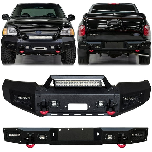 Vijay Compatible with 1997-1998-1999-2000-2001-2002-2003 Ford F150 Front and Rear Bumper Textured Black Steel with Light and D-ring