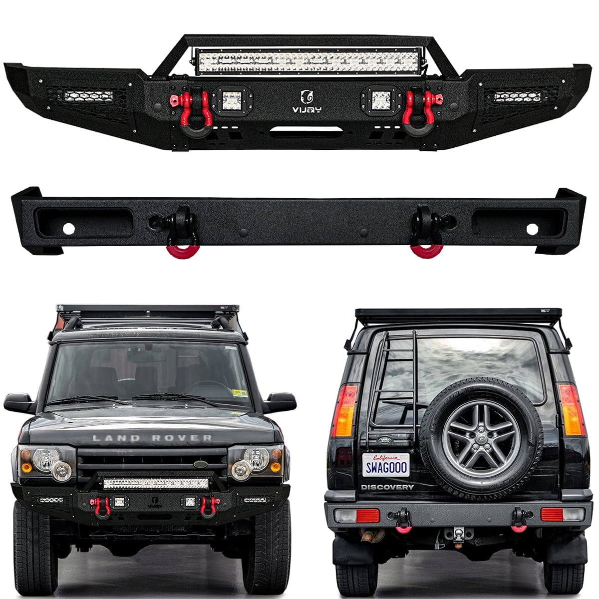 Vijay Compatible with 1999-2000-2001-2002-2003-2004 Land Rover Discovery II Front and Rear Bumper Textured Black Steel with Light and D-ring