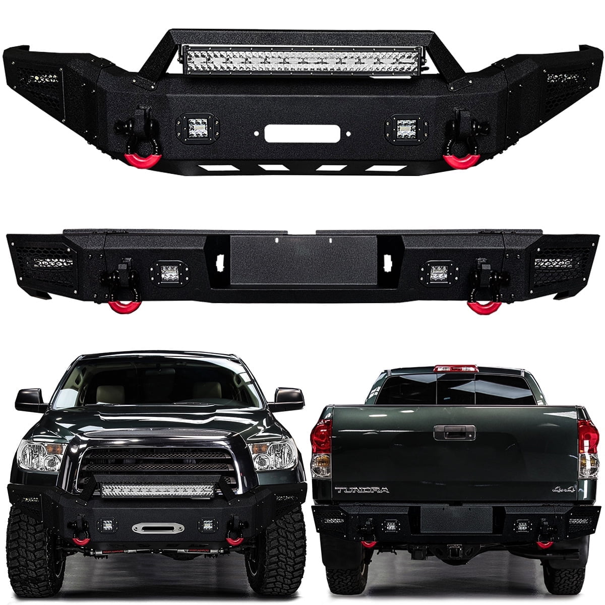 Vijay Compatible with 2007-2008-2009-2010-2011-2012-2013 Toyota Tundra Front and Rear Bumper Textured Black Steel with Lights and D-rings