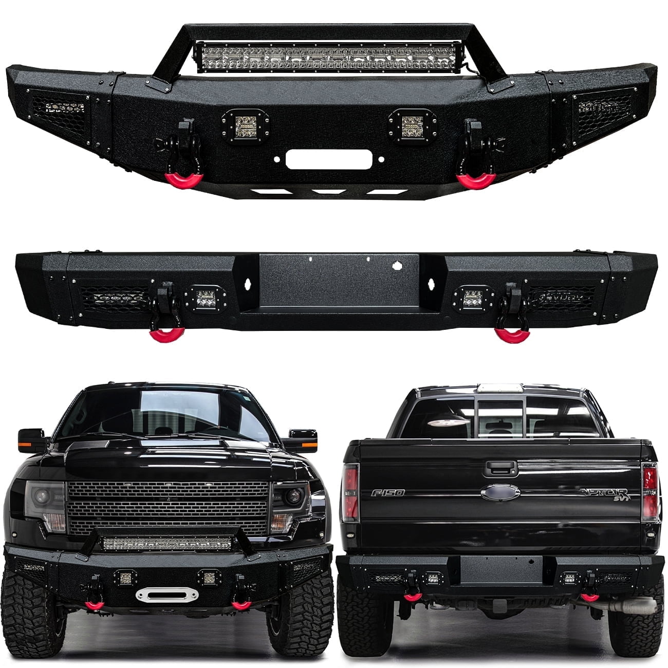 Vijay Compatible with 2010-2011-2012-2013-2014 Ford F150 Raptor Front and Rear Bumper Textured Black Steel with Light and D-ring