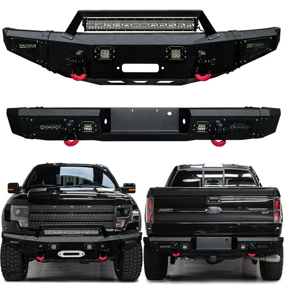 Vijay Compatible with 2010-2011-2012-2013-2014 Ford F150 Raptor Front and Rear Bumper Textured Black Steel with Light and D-ring