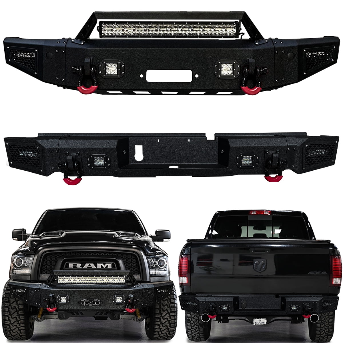 Vijay Compatible with 2015-2016-2017-2018 Dodge Ram 1500 Rebel Front and Rear Bumper Textured Black Steel with Light and D-ring