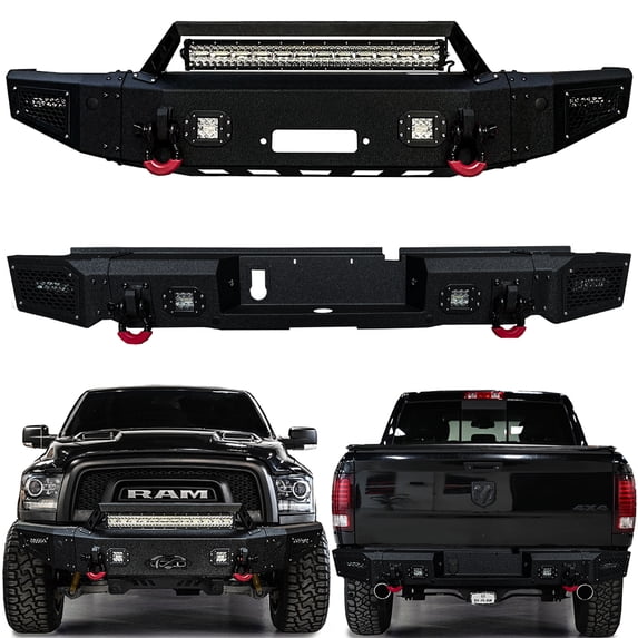Vijay Compatible with 2015-2016-2017-2018 Dodge Ram 1500 Rebel Front and Rear Bumper Textured Black Steel with Light and D-ring