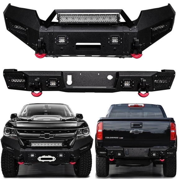 Vijay Compatible with 2015-2016-2017-2018-2019-2020-2021-2022 Chevrolet Colorado Front and Rear Bumper Textured Black Steel with Lights and D-rings (Excl. ZR2)
